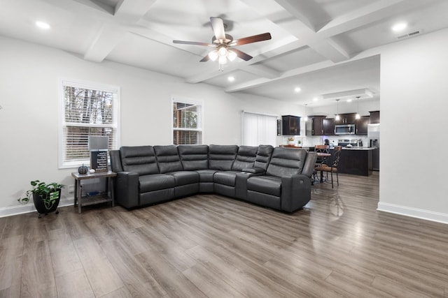 living room featuring beamed ceiling, coffered ceiling, and hardwood / wood-style floors