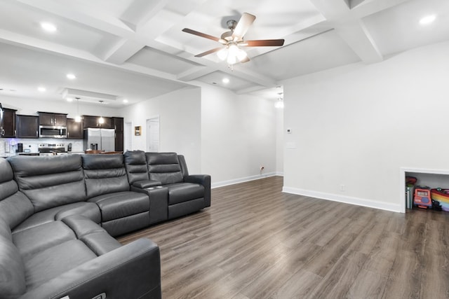 living room featuring coffered ceiling, ceiling fan, dark hardwood / wood-style flooring, and beam ceiling