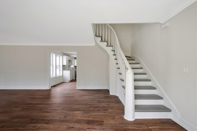 stairs featuring ornamental molding and wood-type flooring