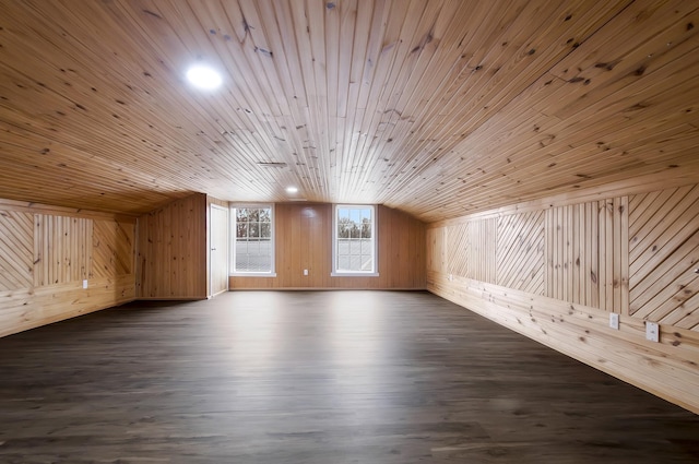 additional living space featuring dark wood-type flooring, wooden ceiling, and wood walls