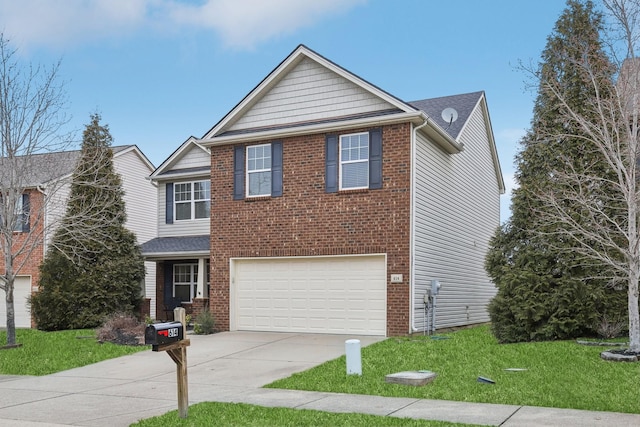 front of property with a garage and a front lawn