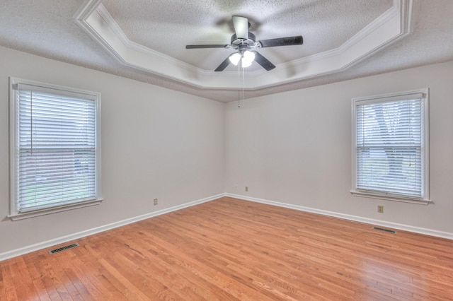 empty room with crown molding, a tray ceiling, light hardwood / wood-style floors, and a healthy amount of sunlight