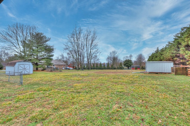 view of yard featuring a storage unit