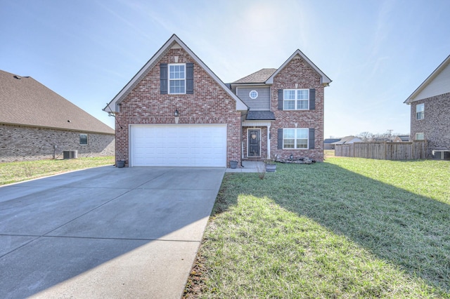 view of front property featuring a garage, central AC, and a front lawn