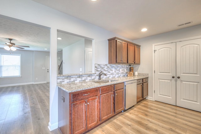 kitchen with decorative backsplash, a sink, visible vents, white dishwasher, and ceiling fan