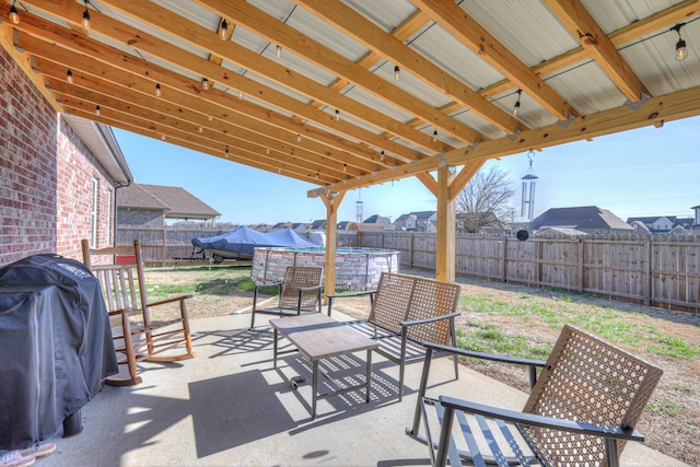 view of patio featuring a fenced in pool, a fenced backyard, and grilling area