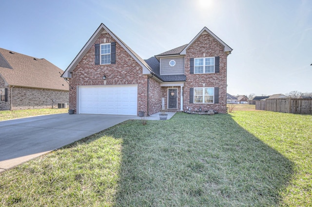 traditional-style home featuring fence, a garage, brick siding, driveway, and a shingled roof