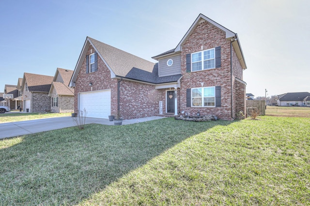 traditional home featuring fence, concrete driveway, a front yard, brick siding, and roof with shingles