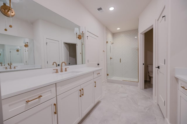 4044 Penfield Dr Unit C, Franklin, TN 37069 - bathroom featuring toilet, visible vents, a shower stall, marble finish floor, and vanity