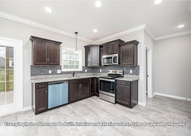 kitchen with stainless steel appliances, light stone countertops, hanging light fixtures, and backsplash