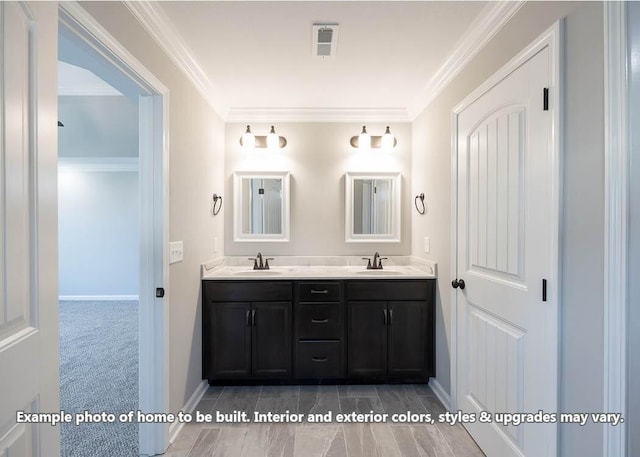 bathroom featuring vanity and ornamental molding