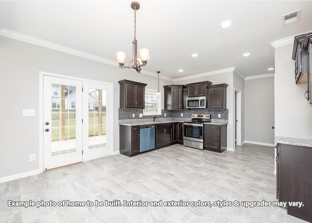 kitchen featuring pendant lighting, dark brown cabinetry, stainless steel appliances, and decorative backsplash