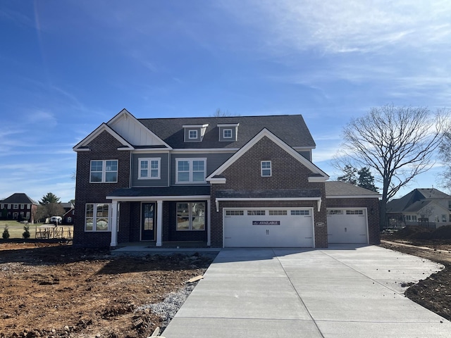 view of front of house featuring covered porch, concrete driveway, brick siding, and an attached garage