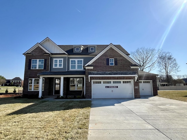 view of front of home featuring board and batten siding, a front lawn, a garage, and driveway