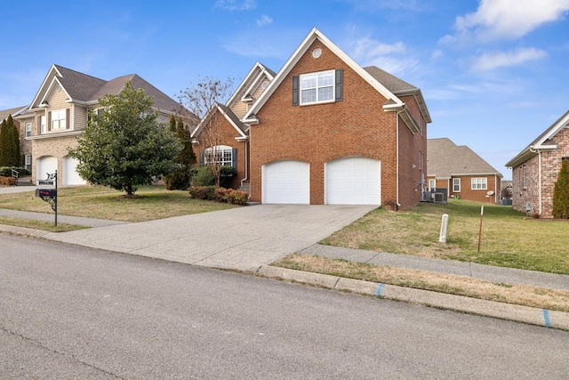 view of property with a garage, a front yard, and central air condition unit