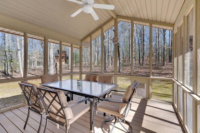 sunroom / solarium featuring ceiling fan and lofted ceiling