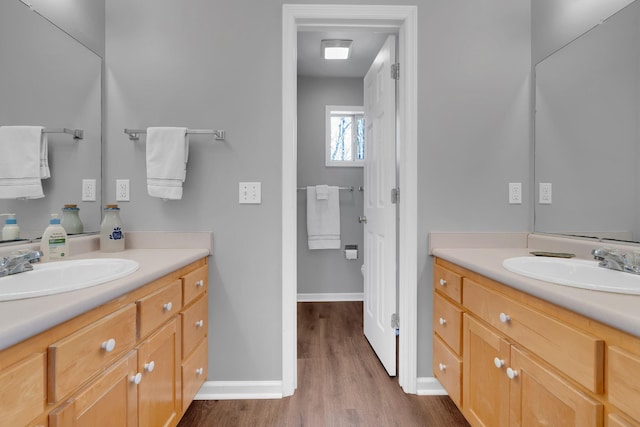 bathroom with hardwood / wood-style floors and vanity