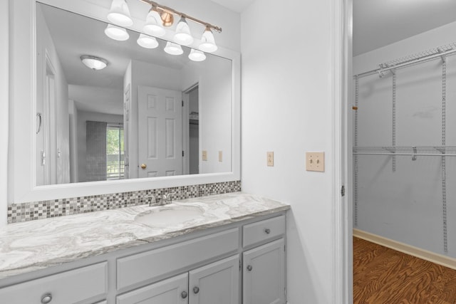 474 S Main St Unit 203, Ashland City, TN 37015 - bathroom with vanity, decorative backsplash, and wood-type flooring