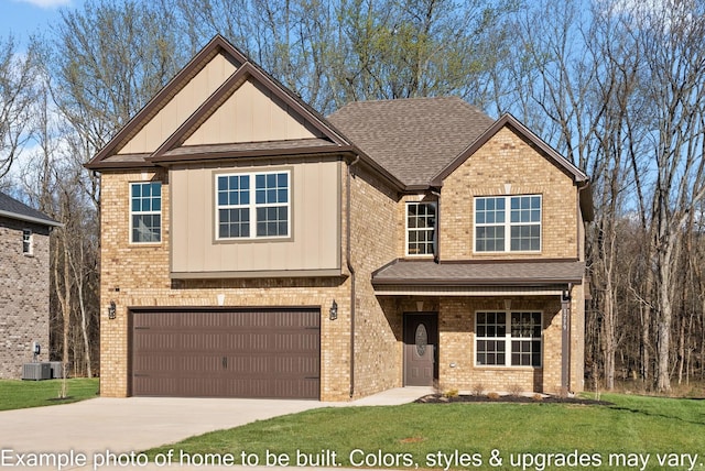 craftsman inspired home with central AC, a garage, and a front lawn