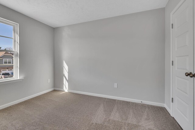 spare room featuring a textured ceiling, carpet, and baseboards