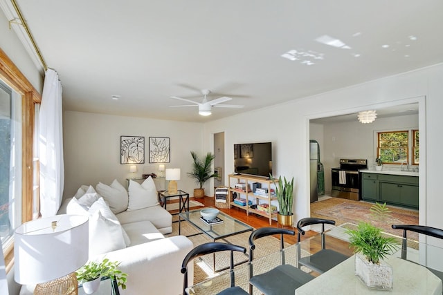 living room featuring sink, ceiling fan with notable chandelier, and light hardwood / wood-style flooring