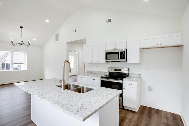 kitchen with pendant lighting, sink, a kitchen island with sink, stainless steel appliances, and white cabinets