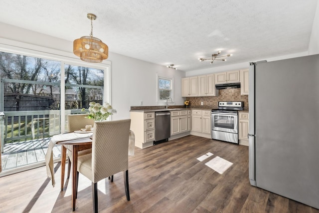 kitchen with dark wood-style floors, appliances with stainless steel finishes, hanging light fixtures, under cabinet range hood, and a sink