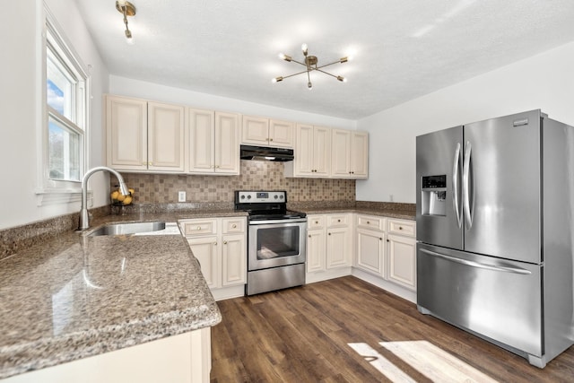 kitchen with dark wood-style flooring, light stone countertops, stainless steel appliances, under cabinet range hood, and a sink