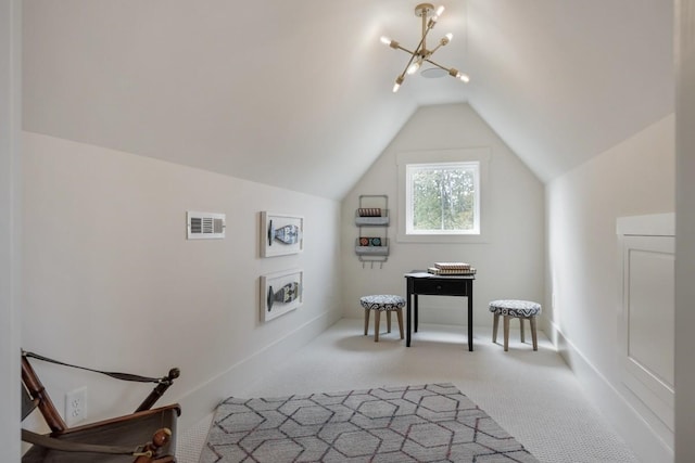 bonus room featuring lofted ceiling, a notable chandelier, and light colored carpet