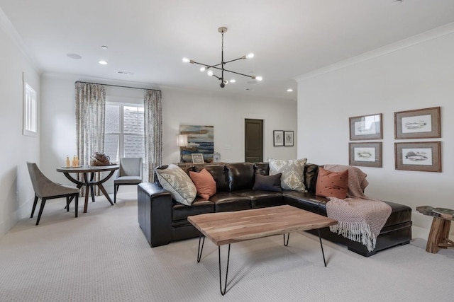 carpeted living room with a notable chandelier and ornamental molding