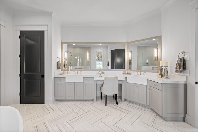 bathroom featuring parquet floors, ornamental molding, and independent shower and bath