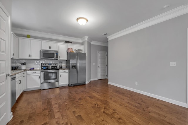 kitchen with white cabinetry, ornamental molding, appliances with stainless steel finishes, dark hardwood / wood-style flooring, and decorative backsplash