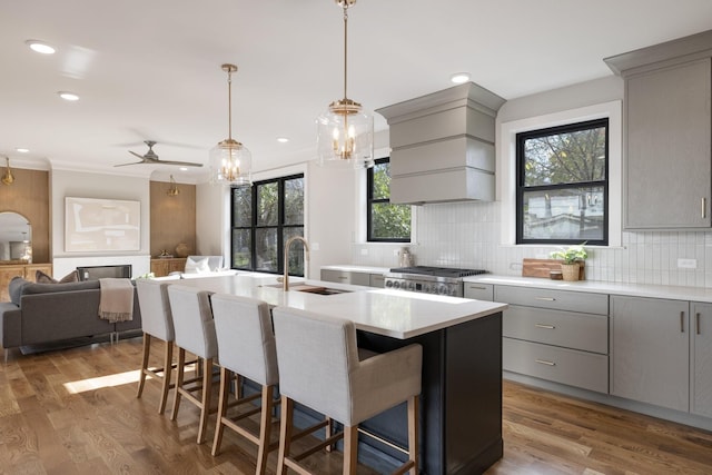 kitchen with gray cabinetry, wood finished floors, a sink, a kitchen breakfast bar, and custom range hood