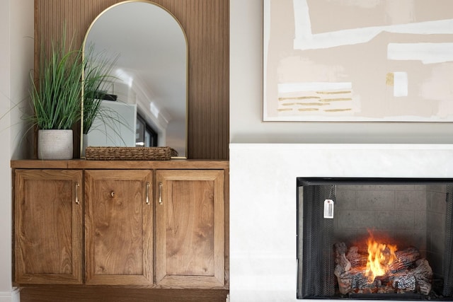 room details with a tile fireplace