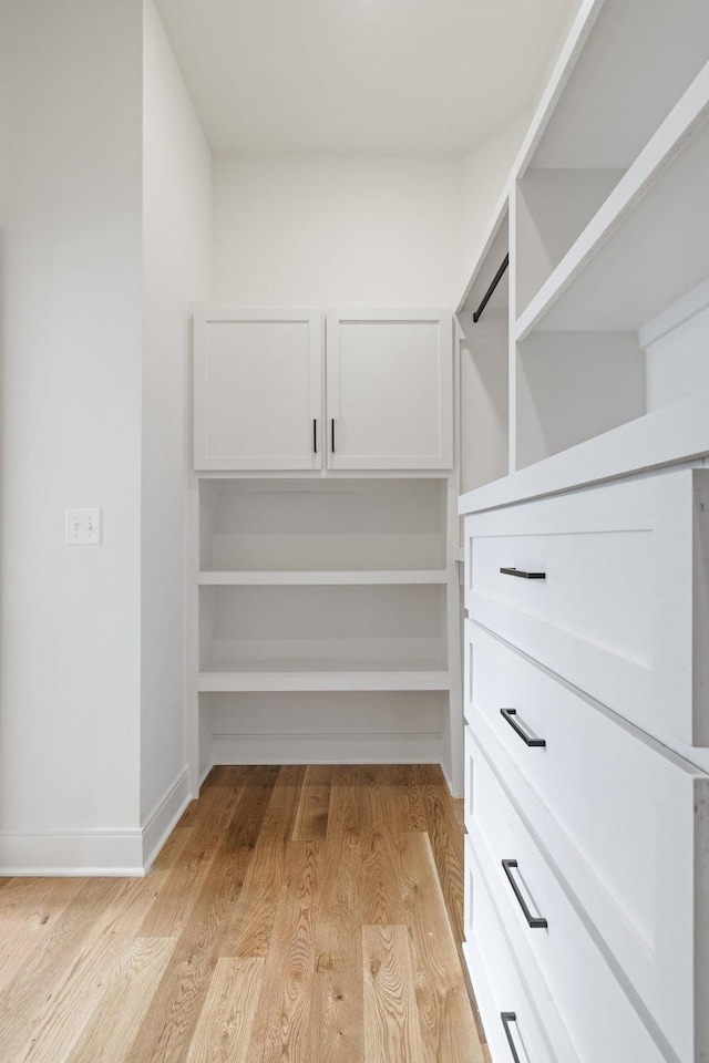 walk in closet with light wood-style floors