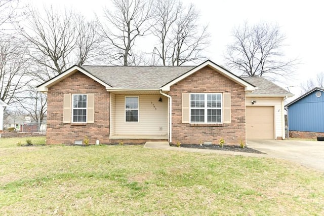 ranch-style house with brick siding, crawl space, driveway, and an attached garage