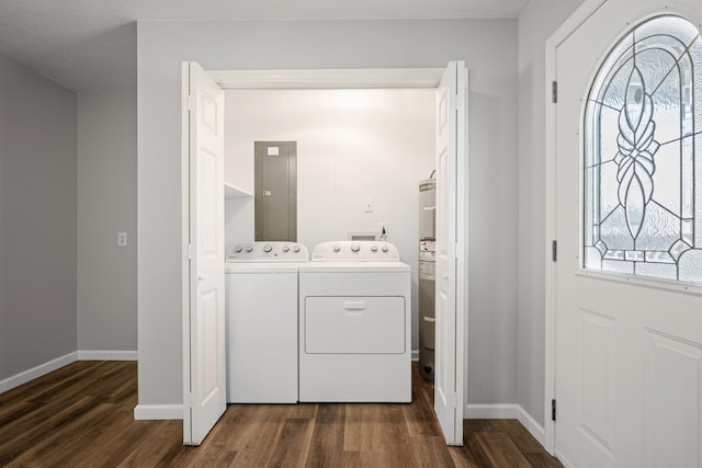 laundry room with independent washer and dryer and dark hardwood / wood-style flooring