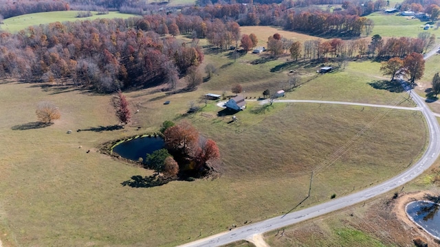 birds eye view of property with a water view and a rural view