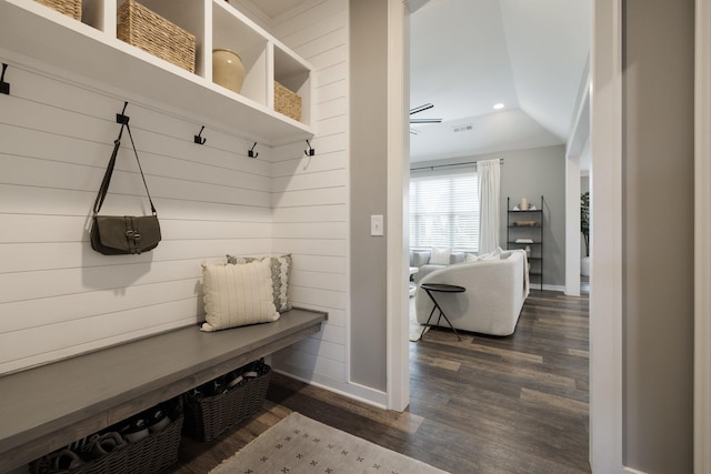 mudroom with dark hardwood / wood-style flooring