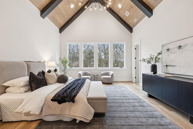 bedroom with high vaulted ceiling, light hardwood / wood-style floors, wooden ceiling, and beamed ceiling