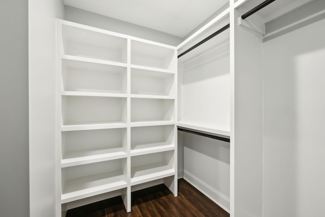 walk in closet with dark hardwood / wood-style flooring