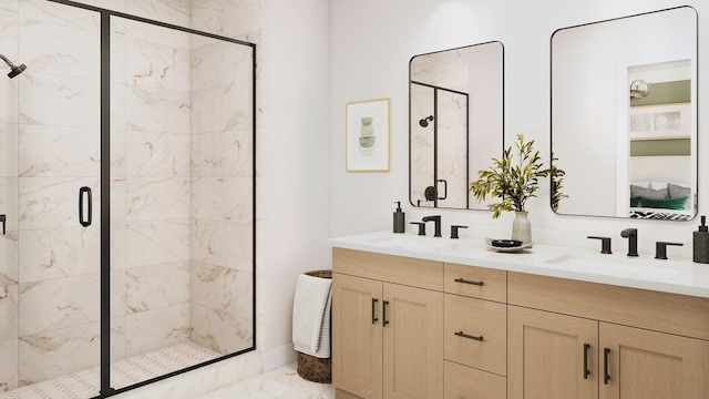 bathroom featuring vanity and a shower with shower door