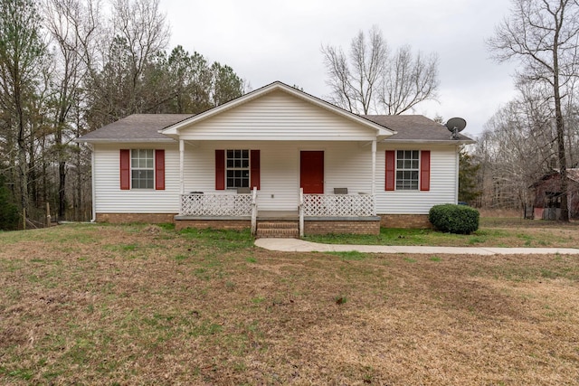 single story home featuring a front yard and covered porch