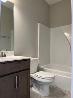 full bathroom with shower / bathtub combination, vanity, toilet, and tile patterned flooring