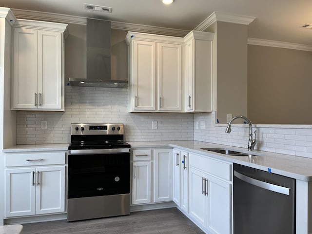 kitchen with wall chimney range hood, sink, white cabinets, and appliances with stainless steel finishes