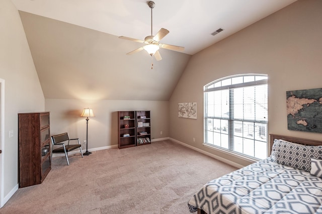 carpeted bedroom with lofted ceiling and ceiling fan