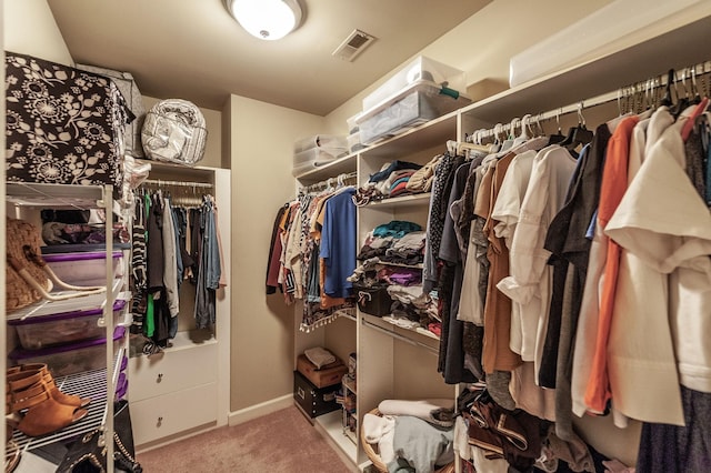 walk in closet with light carpet