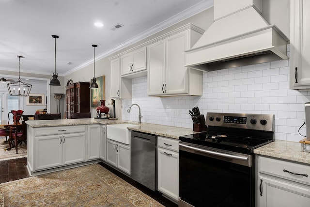 kitchen with sink, dishwasher, custom range hood, stainless steel electric range oven, and kitchen peninsula