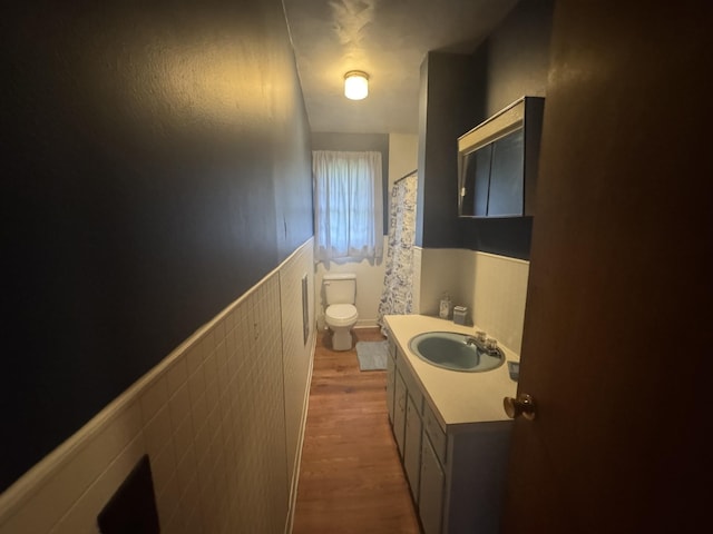 bathroom with vanity, wood-type flooring, and toilet