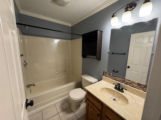 full bath with visible vents, toilet, shower / tub combination, tile patterned floors, and a textured ceiling